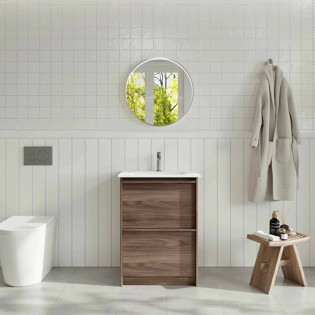 Bella Freestanding Cabinet - Notaio Walnut — 600mm / Cabinet + Luna White Stone Top
