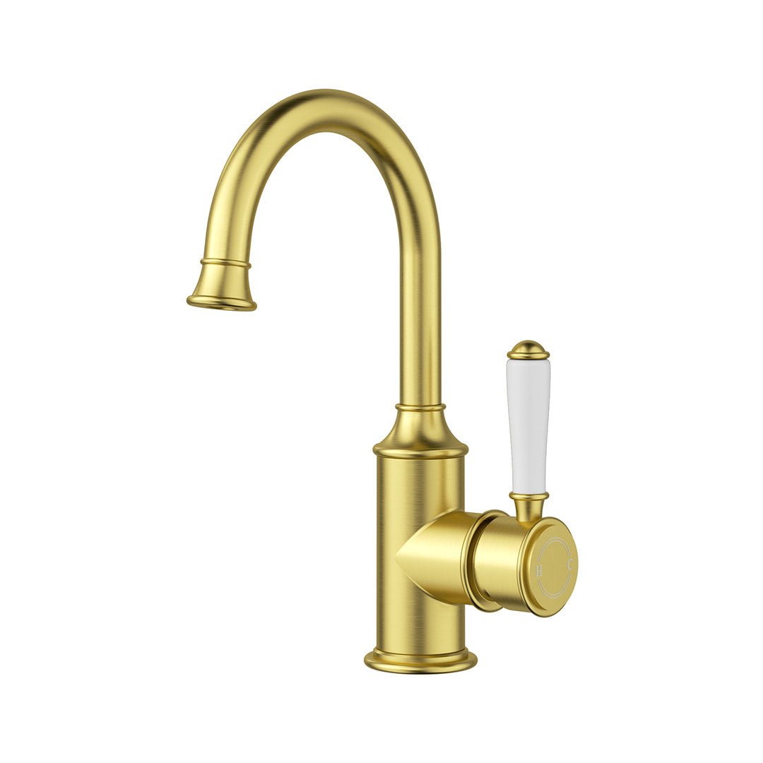 Clasico Gooseneck Basin Mixer With Ceramic Handle — Brushed Gold
