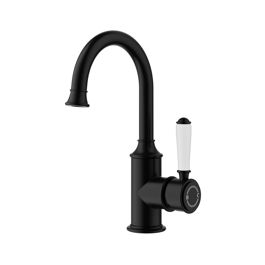 Clasico Gooseneck Basin Mixer With Ceramic Handle — Matte Black