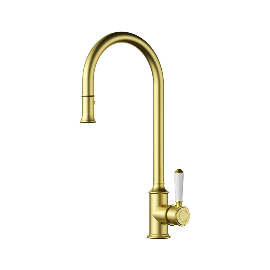 Clasico Gooseneck Pull Out Sink Mixer With Ceramic Handle — Brushed Gold