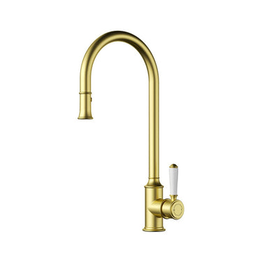 Clasico Gooseneck Pull Out Sink Mixer With Ceramic Handle -Brushed Gold- Nuvio-HYB868-103A-BG-Kitchen Mixer