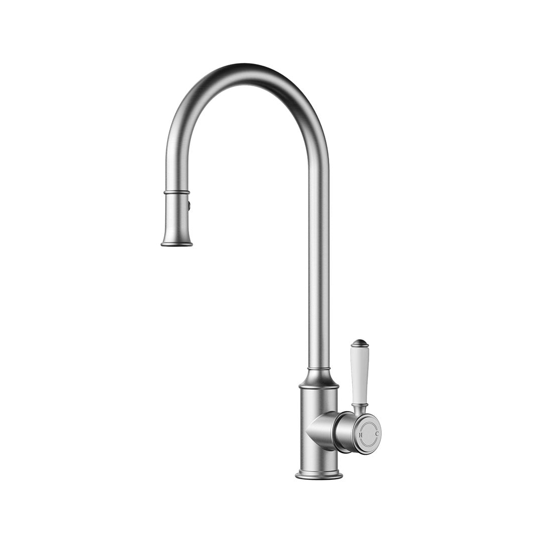 Clasico Gooseneck Pull Out Sink Mixer With Ceramic Handle — Brushed Nickel