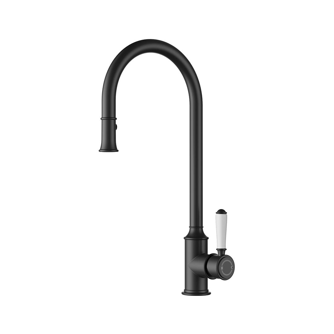 Clasico Gooseneck Pull Out Sink Mixer With Ceramic Handle — Matte Black