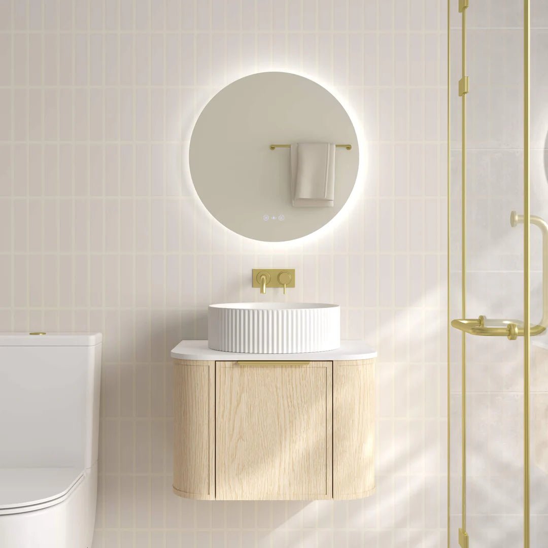 Elva Wall-Hung Cabinet - Natural Oak — 600mm / Cabinet + Luna White Stone Top / Brushed Gold